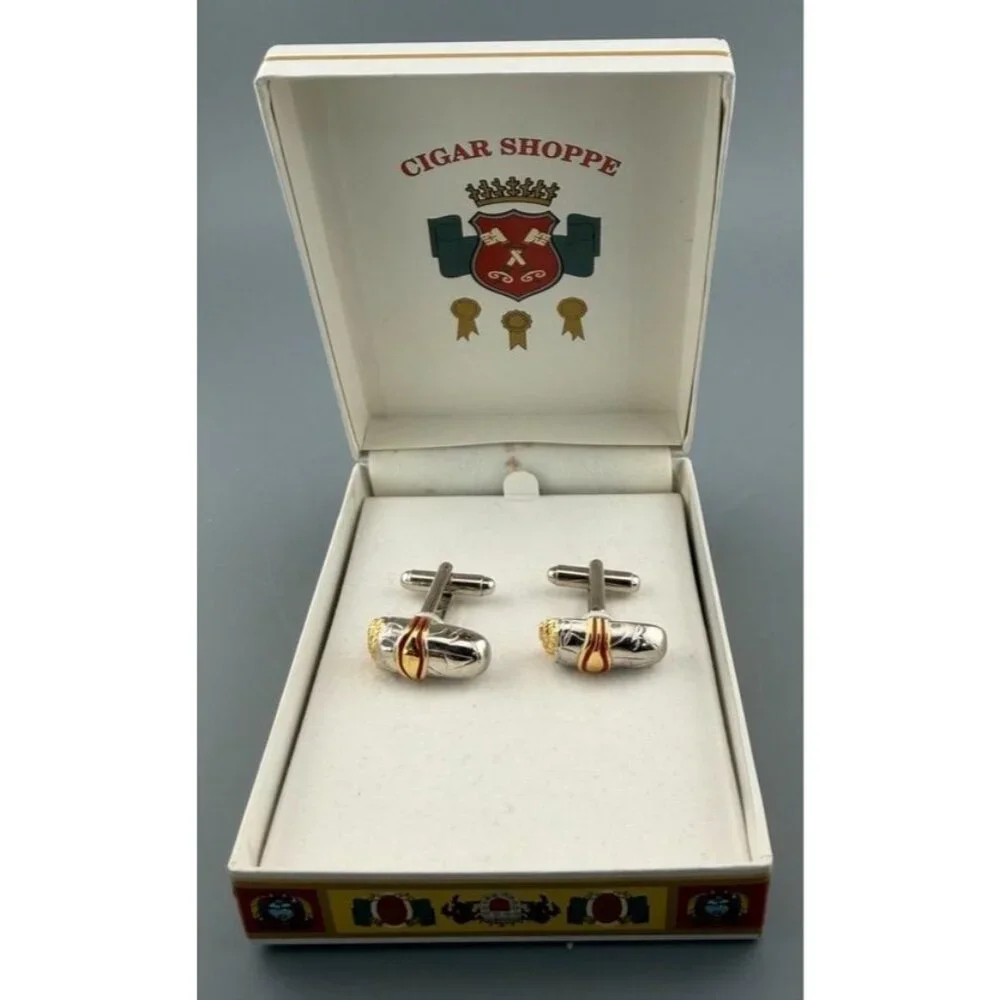 Cigar Shoppe Cufflinks Cigar Design Gold Tone Enamel Boxed Vintage